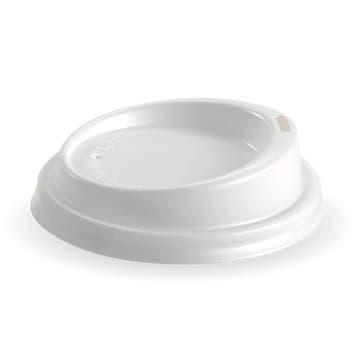 White 80mm BioPak small PS coffee cup lids, pack of 1000, designed for eco-friendly beverage cups.