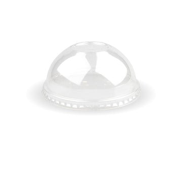 BioPak 90mm PLA clear dome cold paper cup lid, biodegradable, fits cold cups, shown on white background, box of 1000.