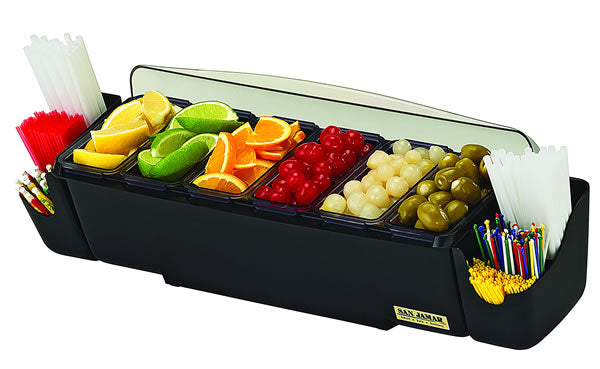 San Jamar The Dome Garnish Centre 590mm x 180mm x 130mm with Caddies or 520mm x 180mm x 130mm without Caddies - Hospitality Connect