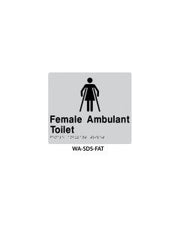 3Monkeez silver ABS plastic door sign with braille indicating female ambulant toilet, measuring 210mm by 180mm.