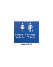 3Monkeez silver ABS plastic door sign with blue background, Braille for female and female ambulant toilets, 210mm x 180mm.