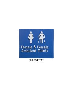 3Monkeez silver ABS plastic door sign with blue background, Braille for female and female ambulant toilets, 210mm x 180mm.