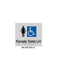 3Monkeez silver ABS plastic door sign with braille for female accessible toilet with grab rail, 210mm by 180mm.