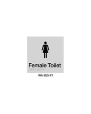 3Monkeez silver ABS plastic door sign with braille indicating female toilet, 150mm x 150mm, for accessible restroom signage.