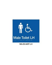 3Monkeez silver ABS plastic door sign with braille for male accessible toilet, featuring grab rail and blue background.