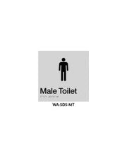 3Monkeez silver ABS plastic door sign with braille indicating male toilet, 150mm by 150mm, for accessible restroom identification