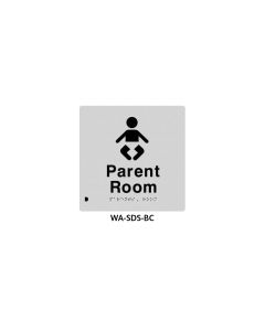 Silver ABS plastic door sign with Braille for baby change room, featuring clear text and tactile Braille for accessibility.