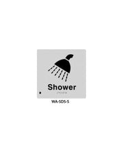 Silver ABS plastic door sign with braille for shower, 150mm x 150mm, by 3Monkeez, featuring tactile braille and clear shower icon.
