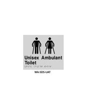 Silver ABS plastic door sign with Braille indicating unisex accessible toilet, 3Monkeez brand, 210mm by 180mm.