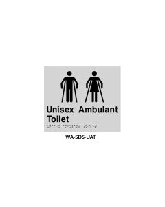 Silver ABS plastic door sign with Braille indicating unisex accessible toilet, 3Monkeez brand, 210mm by 180mm.