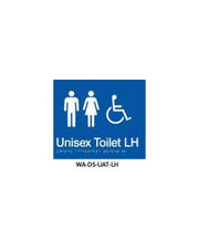3Monkeez silver ABS plastic door sign with braille for unisex accessible toilet, featuring grab rail and blue background.