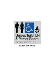 Silver ABS plastic door sign with braille indicating unisex accessible toilet, parents room, grab rail, and wheelchair access.