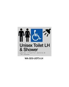 Silver 3Monkeez ABS plastic door sign with braille, indicating unisex accessible toilet, shower, and grab rail.
