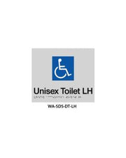 Silver ABS plastic door sign with Braille for disabled toilet, featuring a grab rail and unisex symbol, 150mm x 150mm.