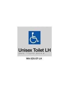 Silver ABS plastic door sign with Braille for disabled toilet, featuring a grab rail and unisex symbol, 150mm x 150mm.