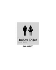 3Monkeez silver ABS plastic door sign with braille for unisex toilet, 150mm x 150mm, displaying clear, tactile signage.