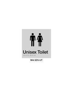 3Monkeez silver ABS plastic door sign with braille for unisex toilet, 150mm x 150mm, displaying clear, tactile signage.
