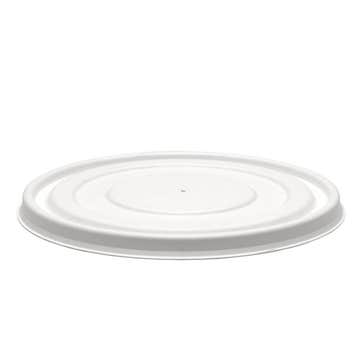 White BioPak plant fibre bowl lid for 12oz to 32oz bowls, shown in a box of 500, eco-friendly and biodegradable.