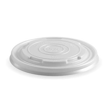 Clear PET flat BioPak bowl lid for 250ml/8oz BioBowl, shown in a box of 1000, designed for eco-friendly food packaging.