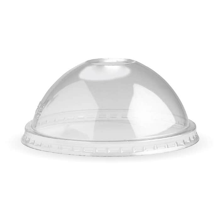 Clear BioPak BioBowl dome lid for 240-960ml bowls, shown in box of 500, made from eco-friendly biodegradable material.