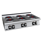 Stainless steel electric cooktop with six burners on a white background