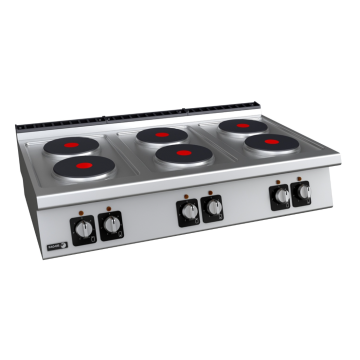 Stainless steel electric cooktop with six burners on a white background