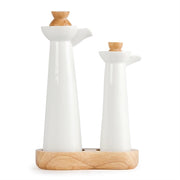Olympia Whiteware Vinegar & Oil bottle set with Wooden Base & Stoppers (Box 1) - Hospitality Connect