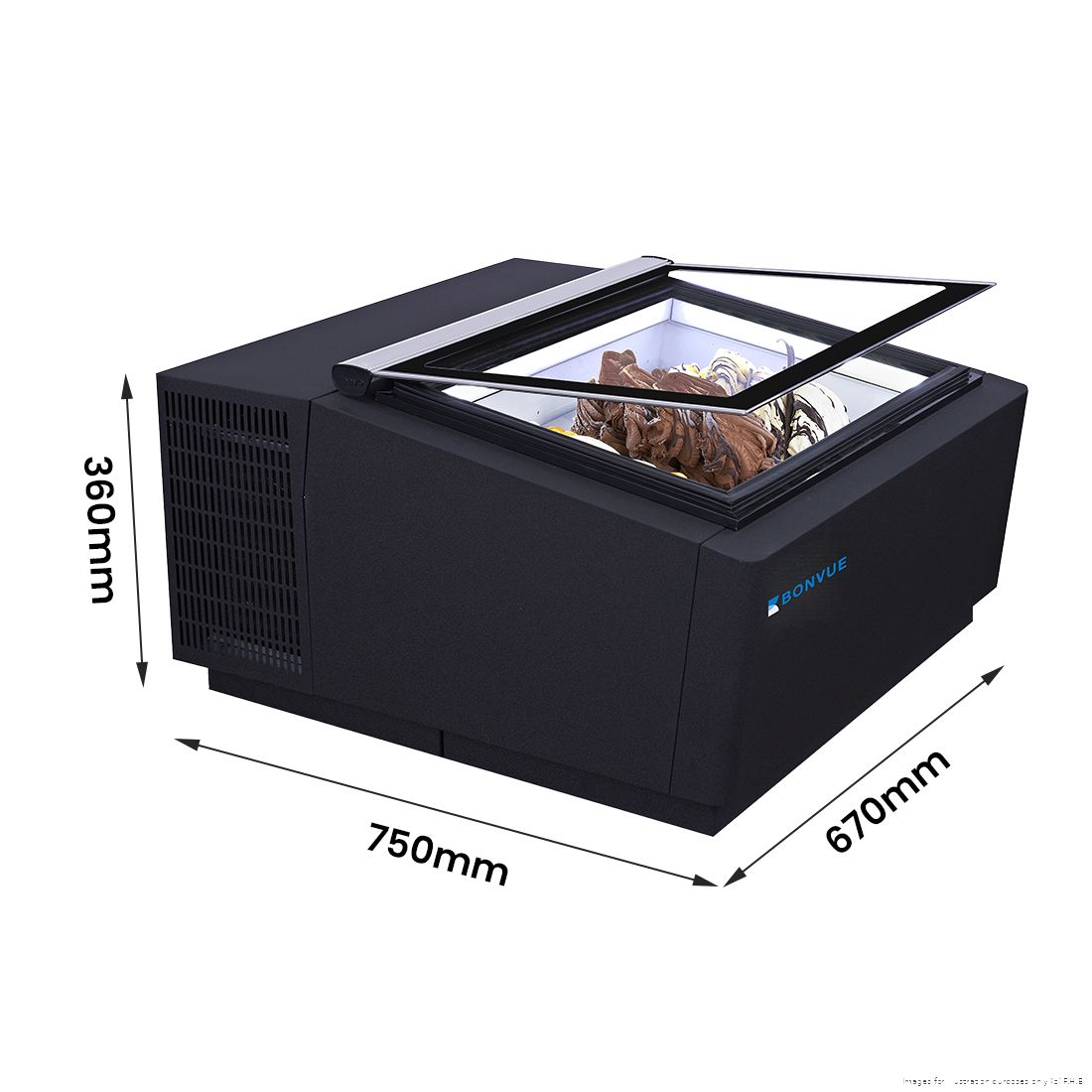 Bonvue CGD-03B benchtop gelato and ice cream display showcase with glass front and stainless steel finish