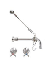 3Monkeez GUARDIAN sink tap set with straight wall-mounted spout, cross handle wall stops, and wall bracket for kitchen or bathroom.