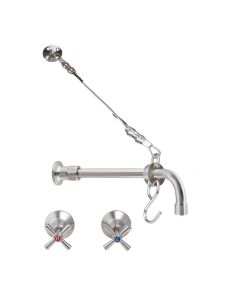 3Monkeez GUARDIAN sink tap set with straight wall-mounted spout, cross handle wall stops, and wall bracket for kitchen or bathroom.