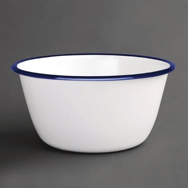 Olympia Enamel White/Blue Pudding Bowl - 155(dia)x70(h)mm (Box 6) - Hospitality Connect