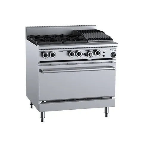 B&S Black Oven with Four Open Burners & 300mm Char Broiler OV-SB4-CBR3. - Hospitality Connect