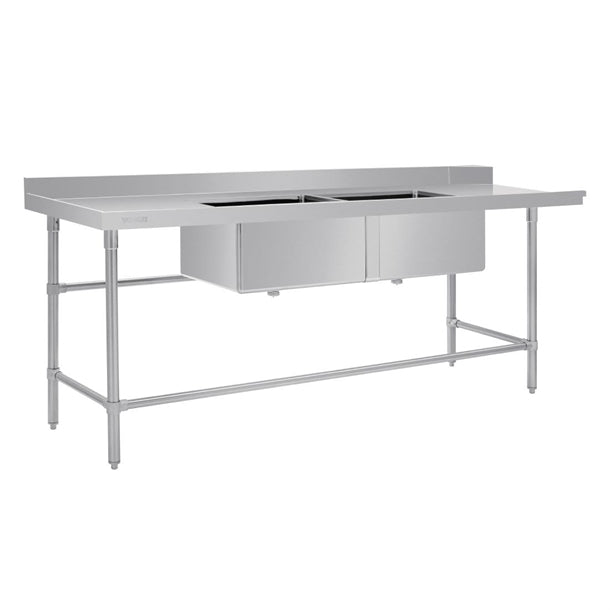 Vogue Dishwasher Inlet Table with Double Bowl Sink 90mm outlet 2400x700x960mmL/H - Hospitality Connect