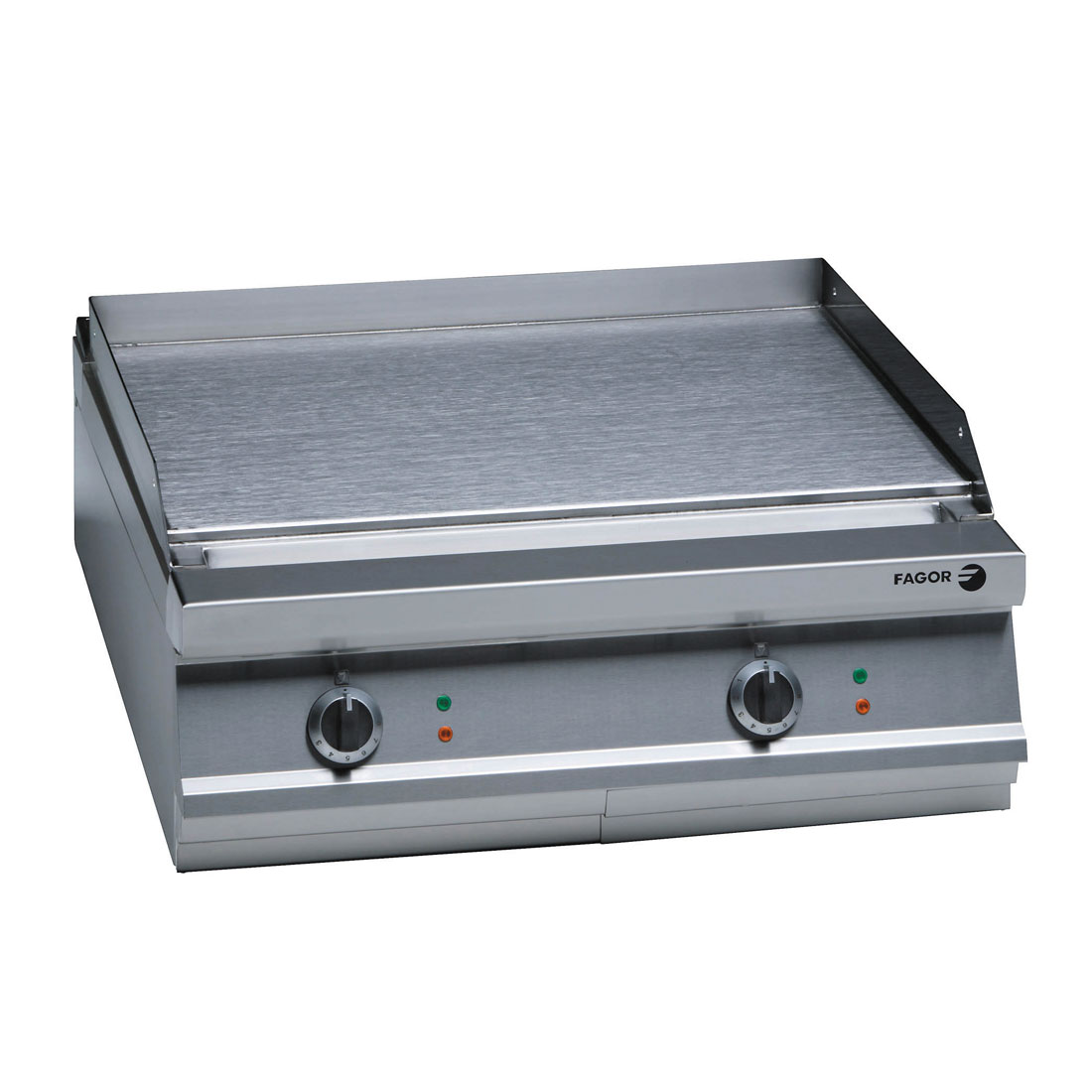 Fagor 900 Series Electric Chrome 2-Zone Griddle with large cooking surface and control knobs for even heating.