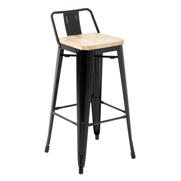 Bolero Bistro High Stool with Backrest Black & Wooden Seat Pad (Pack 4) FB623