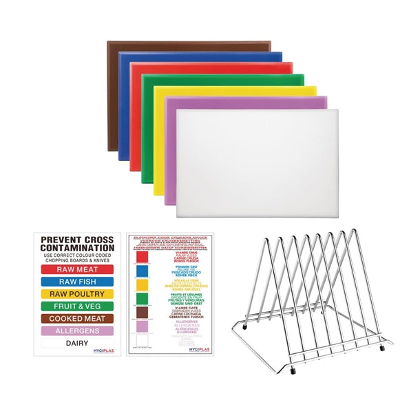 Hygiplas High Density Chopping Board Set 7 Boards & Steel Rack & Wall Chart