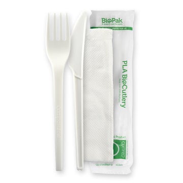 BIOPAK 16.5cm / 6.5" PLA Knife, Fork & Napkin Set 250 Units