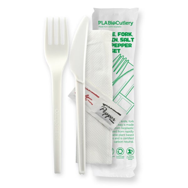 BIOPAK 16.5cm / 6.5" PLA Knife, Fork, Napkin, Salt & Pepper Set 250 Units - Hospitality Connect