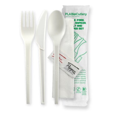 BIOPAK 16.5cm / 6.5" PLA Knife, Fork, Spoon, Napkin, Salt & Pepper Set 250 Units