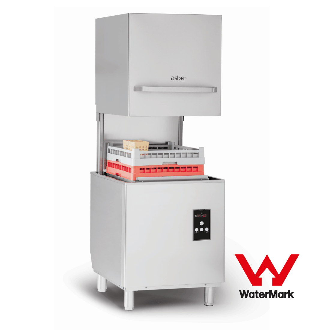 Asber Tech Line pass-through hood type dishwasher model GE-H500BDD with stainless steel exterior and control panel.