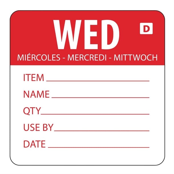 Hygiplas Day of the Week Dissolvable Food Prep Label Wednesday 2'' (Roll 250)