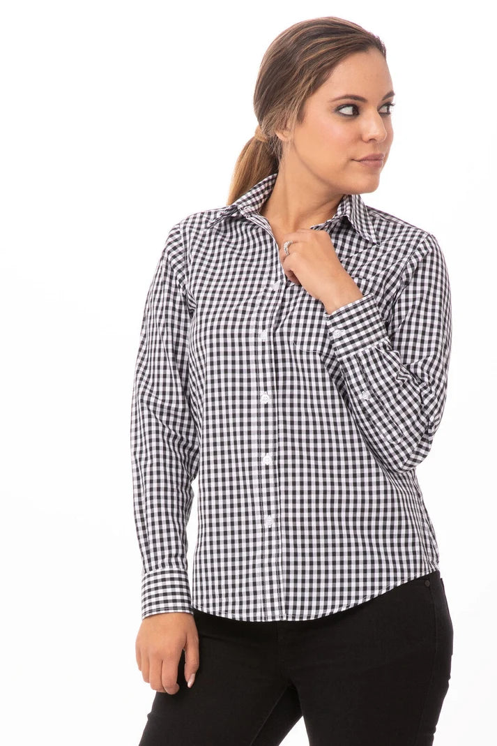 Chef Works women's gingham dress shirt in ginger color, featuring a classic button-up design and collar.