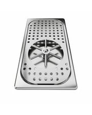 3Monkeez glass milk jug with honeycomb drain tray and drain elbow for commercial kitchen use, short size, clear glass design.