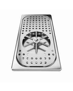 3Monkeez glass milk jug with honeycomb drain tray and drain elbow for commercial kitchen use, short size, clear glass design.
