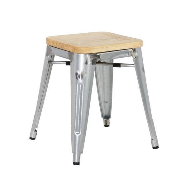 Bolero Steel Bistro Low Stool with Wooden Seatpad (Galvanised) (Pack 4)