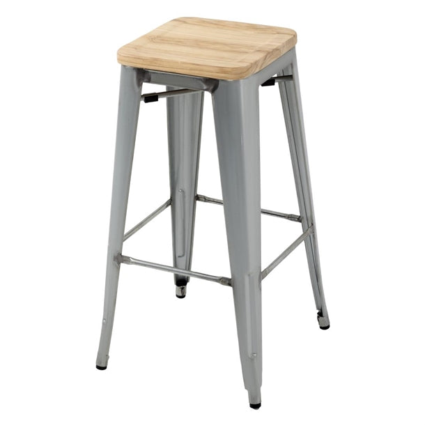 Bolero Steel Bistro High Stool with Wooden Seatpad (Galvanised) (Pack 4)
