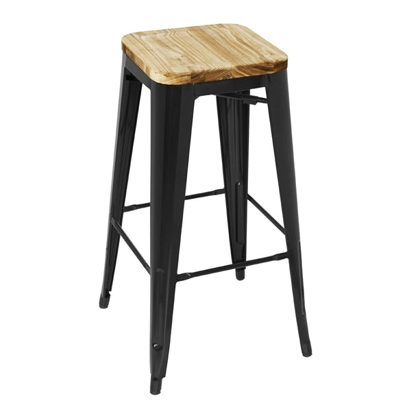 Bolero Steel Bistro High Stool with Wooden Seatpad (Black) (Pack 4)