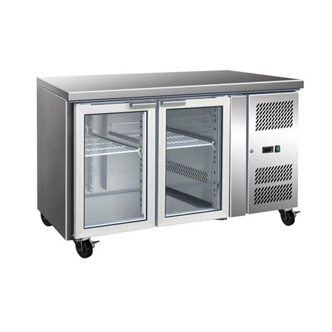 Thermaster GN2100TNG 2 glass door gastronorm bench fridge, under bench design with stainless steel exterior and adjustable shelves.