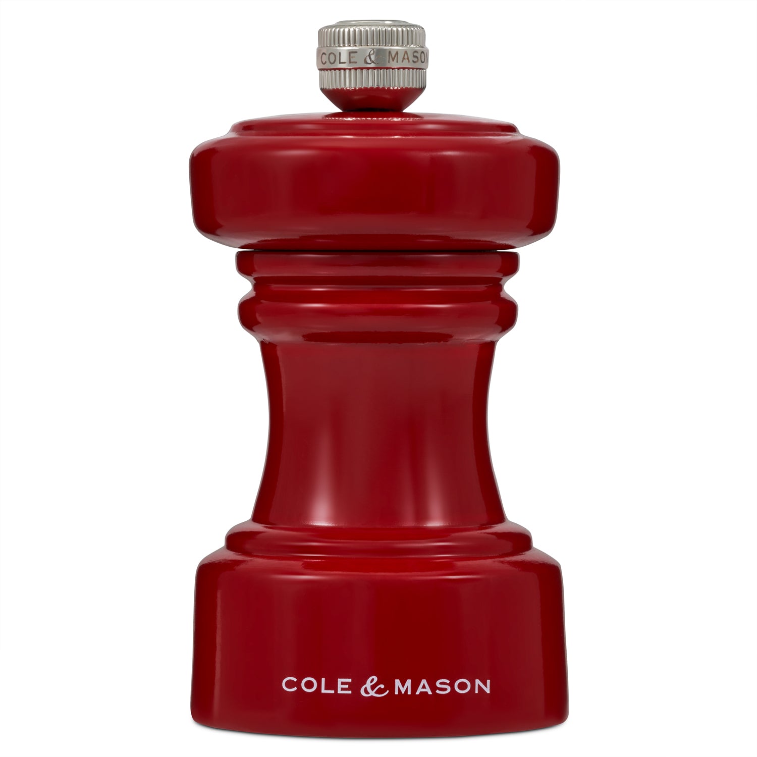Cole & Mason Hoxton Red Gloss Pepper Mill, 10.4cm, with sleek red and chrome finish, designed for grinding fresh pepper.
