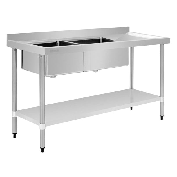 Vogue Double Bowl Sink R/H Drainer - 1500mm x 700mm (90mm Drain) - Hospitality Connect